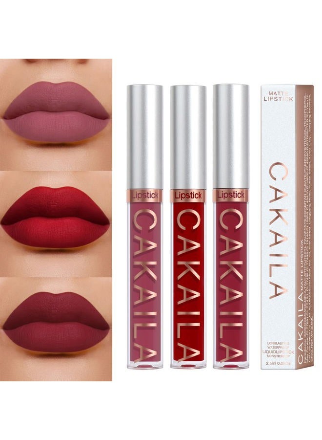 KARNAR 3Pcs Lipstick Matte Liquid Lipstick Lipgloss Set for Women labiales mate 24 horas originales matte larga duracion 24 Deep Red Original 24 Hour Lipstick Lip Stain Long Lasting Waterproof - Image 1