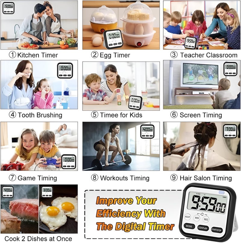ONICORN® Kitchen Timer Digital Countdown, Magnetic Short Timer Clock with LCD Display with Loud Alarm for Cooking, Sports, Studying, Cooking, Baking, Classroom (Pack of 1, White+Black) - Image 4
