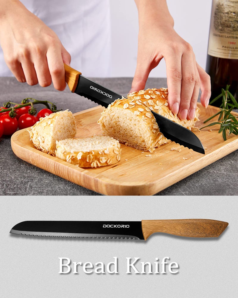 Dockorio Kitchen Knife Set with Block, all in one 19 PCS High Carbon Stainless Steel Sharp Serrated Steak Knives Set, Chef Knives, Bread Knife, Scissor, Sharpener - Image 4