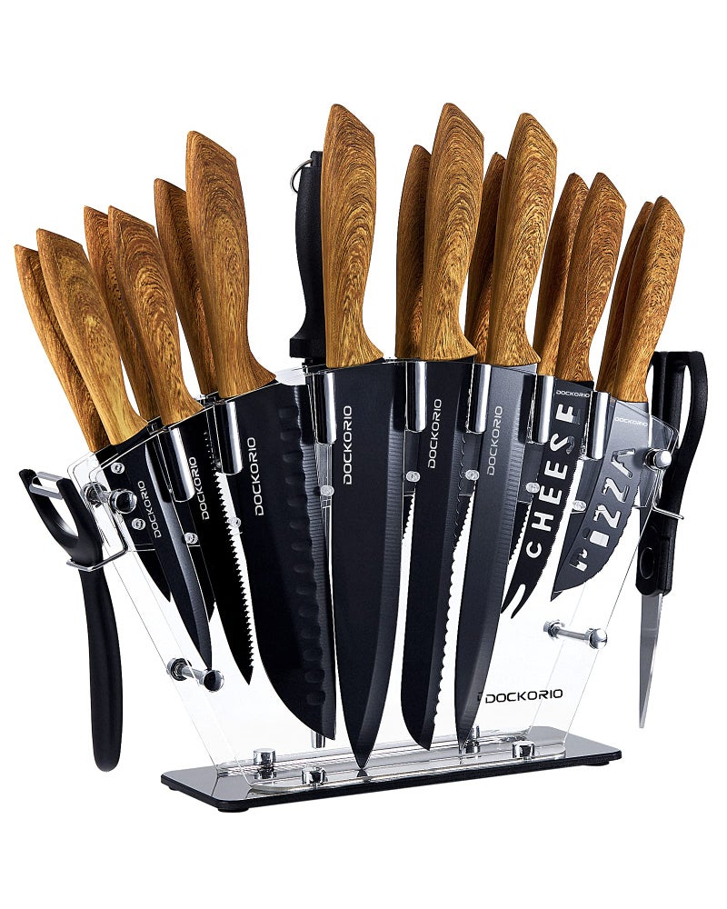 Dockorio Kitchen Knife Set with Block, all in one 19 PCS High Carbon Stainless Steel Sharp Serrated Steak Knives Set, Chef Knives, Bread Knife, Scissor, Sharpener - Image 1
