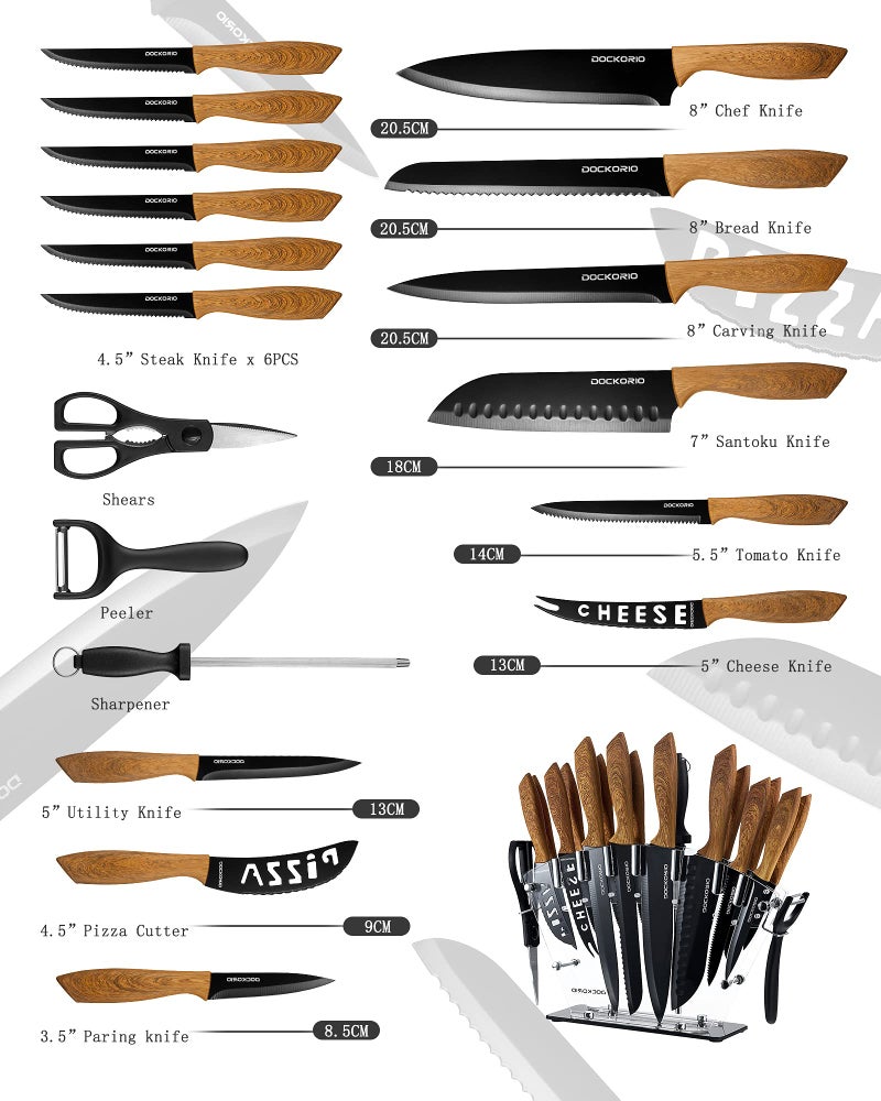 Dockorio Kitchen Knife Set with Block, all in one 19 PCS High Carbon Stainless Steel Sharp Serrated Steak Knives Set, Chef Knives, Bread Knife, Scissor, Sharpener - Image 3