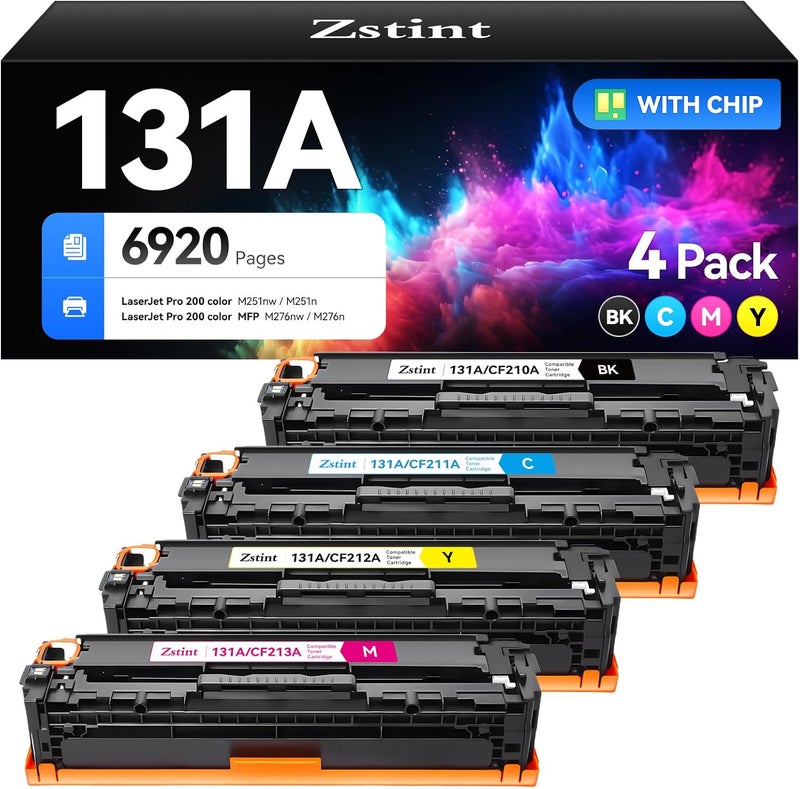 Zstint 131A Toner Cartridge set 4-Pack Replacement for 131A 131X CF210A CF211A CF212A CF213A CF210X Compatible LaserJet Pro 200 color MFP M276nw M251nw M251n M276n Printer Ink Black Cyan Magenta Yellow - Image 1