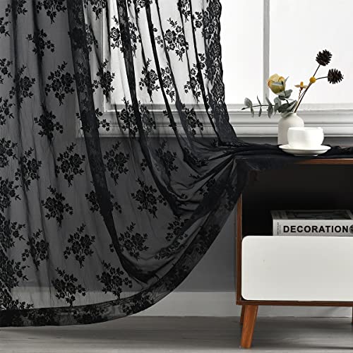 Kotile Black Lace Curtains 96 Inch Length Vintage Rusitc Floral Sheer Lace Drapes Gothic Black Sheer Curtains for Living Room Rod Pocket Window Curtain Panels 52 x 96 Inch 2 Panels