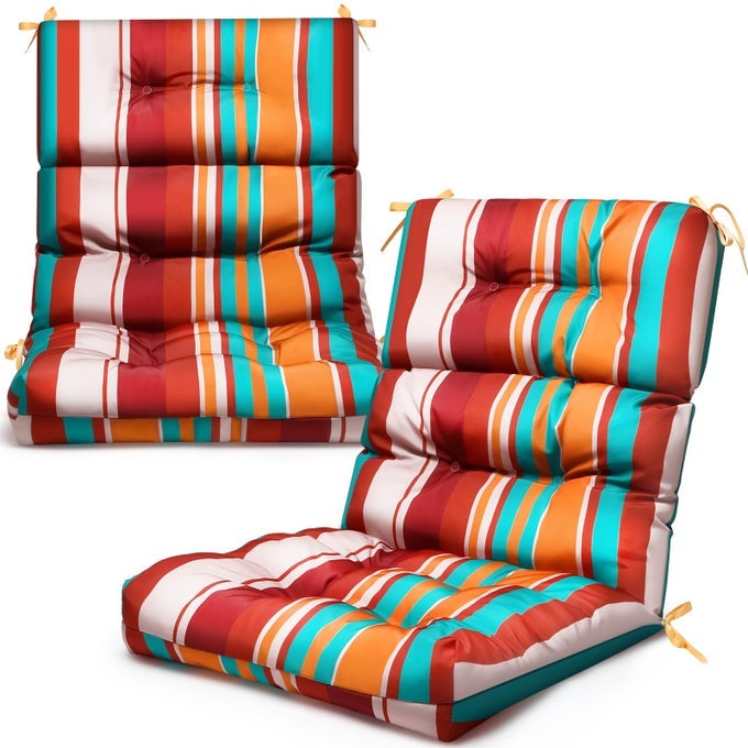 2 PACK HIGH BACK OUTDOOR CHAIR CUSHIONS BULK WATERPROOF INDOOR OUTDOOR CHAIR CUSHION SEAT AND BACK ROCKING CHAIR CUSHION THICKENED PATIO CHAIR PAD FOR INDOOR AND OUTDOOR COLORFUL STRIP