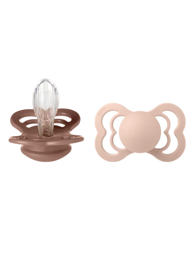 BIBS Pack of 2 Supreme Soother Bpa Free Dummy Pacifier, Symmetrical Silicone, Size 2 6 To 18 Months , Woodchuck/Blush
