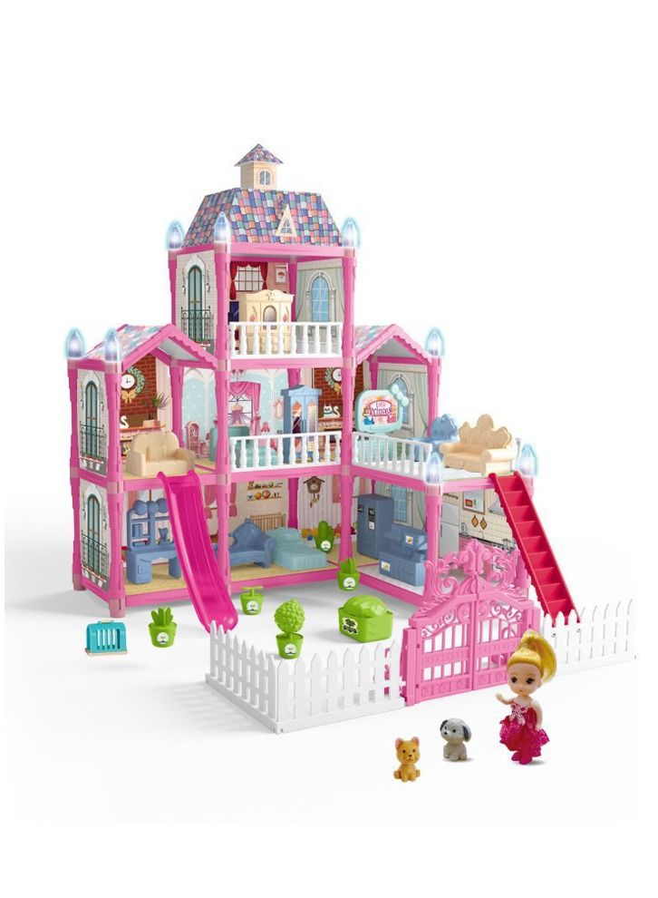 Beauenty Doll House, 3 Stories 8 Rooms 1 Balcony, Dollhouse Sets with Dolls, Chimney & Slide, Furniture and Accessories, DIY Building Pretend Play Doll House, Playing House Building Playset  - Image 1