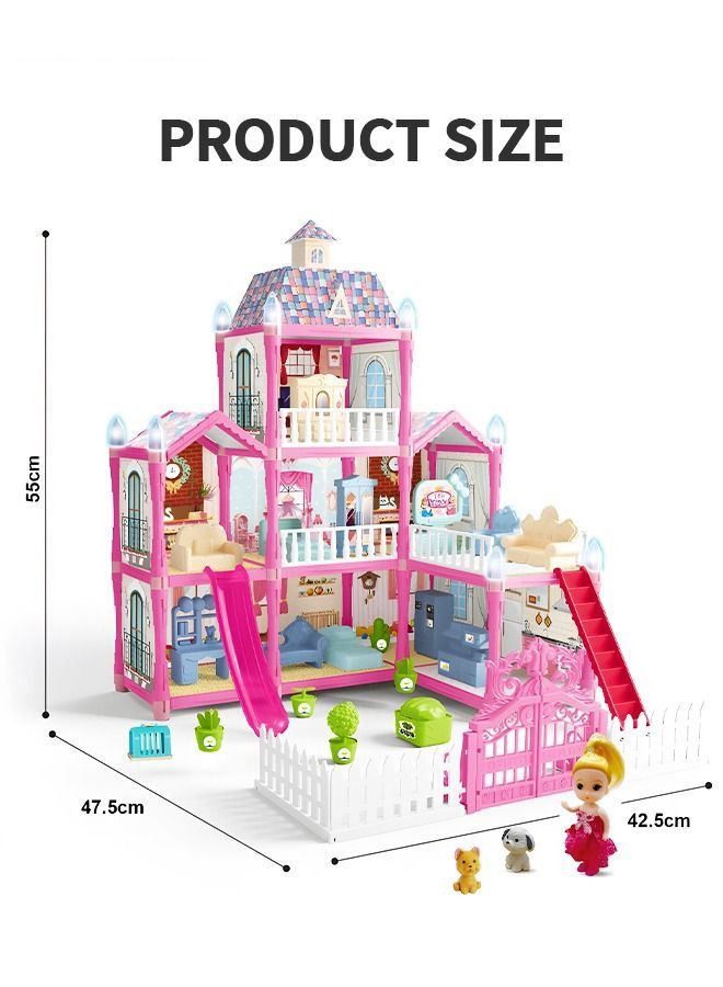 Beauenty Doll House, 3 Stories 8 Rooms 1 Balcony, Dollhouse Sets with Dolls, Chimney & Slide, Furniture and Accessories, DIY Building Pretend Play Doll House, Playing House Building Playset  - Image 5