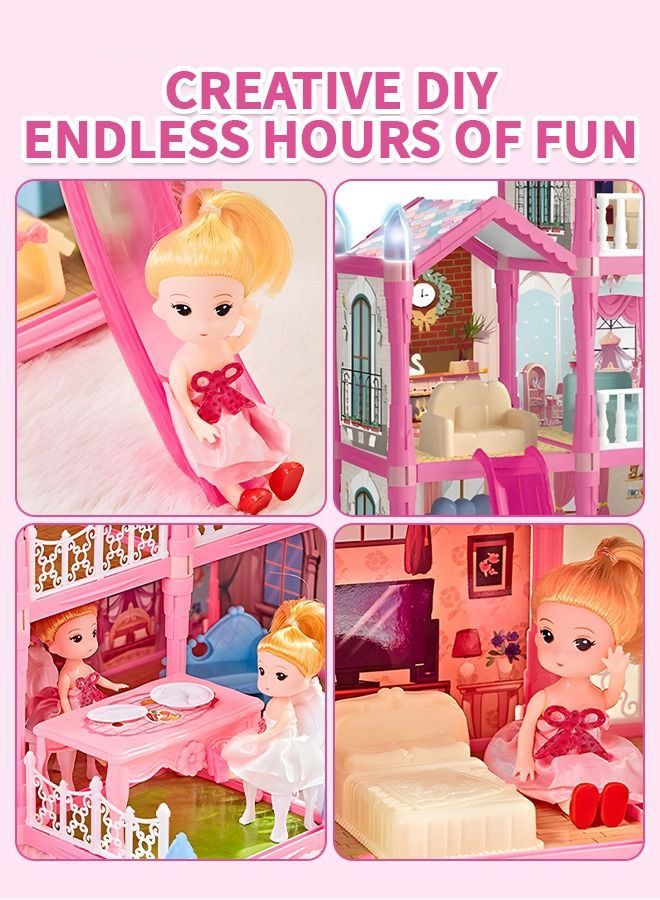 Beauenty Doll House, 3 Stories 8 Rooms 1 Balcony, Dollhouse Sets with Dolls, Chimney & Slide, Furniture and Accessories, DIY Building Pretend Play Doll House, Playing House Building Playset  - Image 2