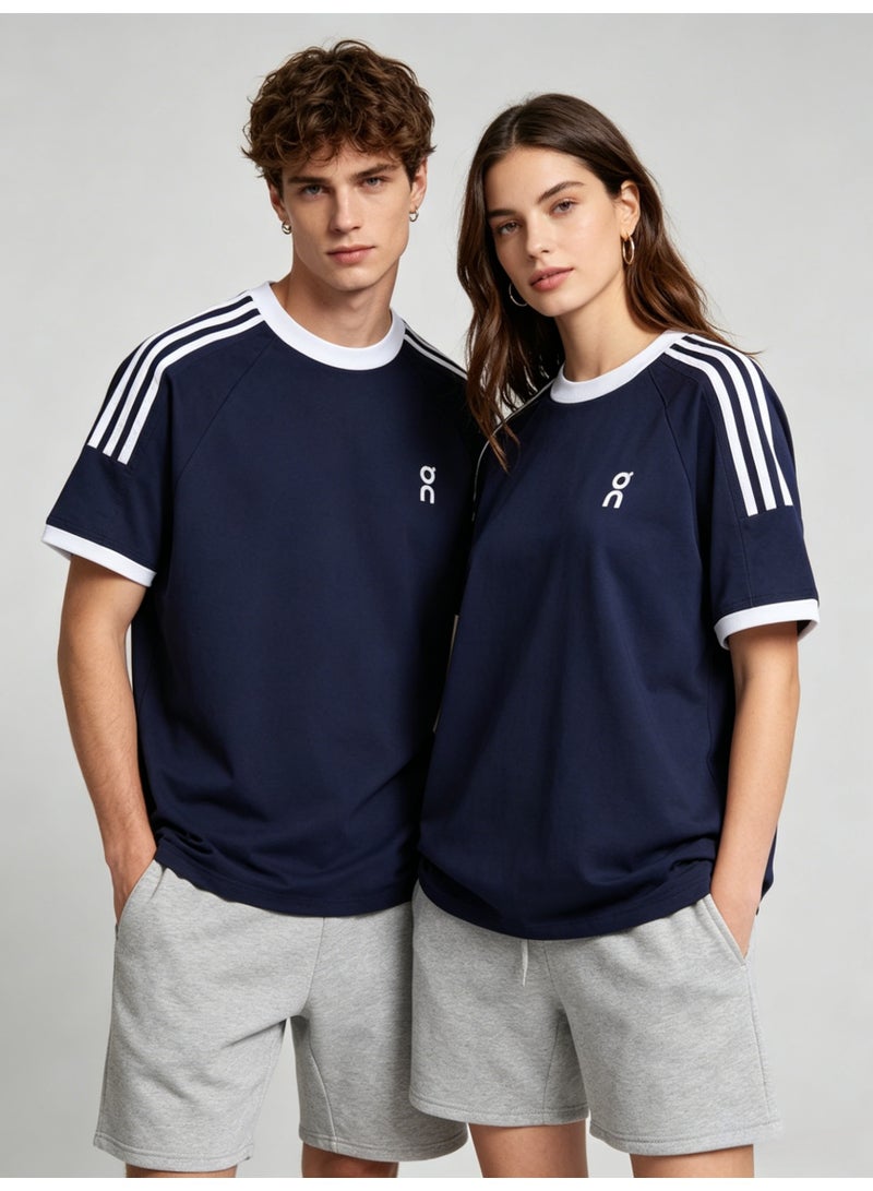 اون راننج On Unisex Navy Raglan 3 White Stripe Sleeve White Trim Logo Couple T-Shirt - Image 1