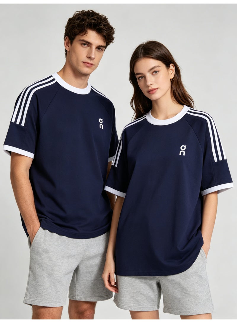 اون راننج On Unisex Navy Raglan 3 White Stripe Sleeve White Trim Logo Couple T-Shirt - Image 5