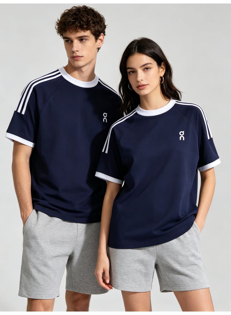 اون راننج On Unisex Navy Raglan 3 White Stripe Sleeve White Trim Logo Couple T-Shirt - Image 4