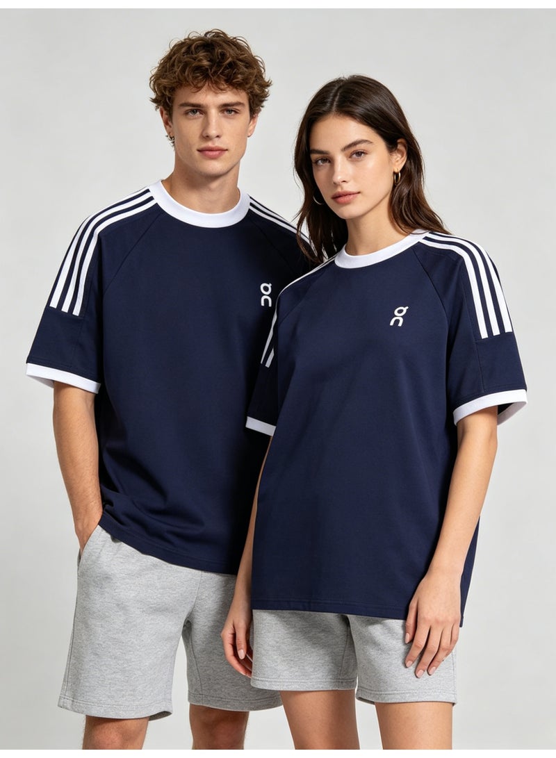 اون راننج On Unisex Navy Raglan 3 White Stripe Sleeve White Trim Logo Couple T-Shirt - Image 3