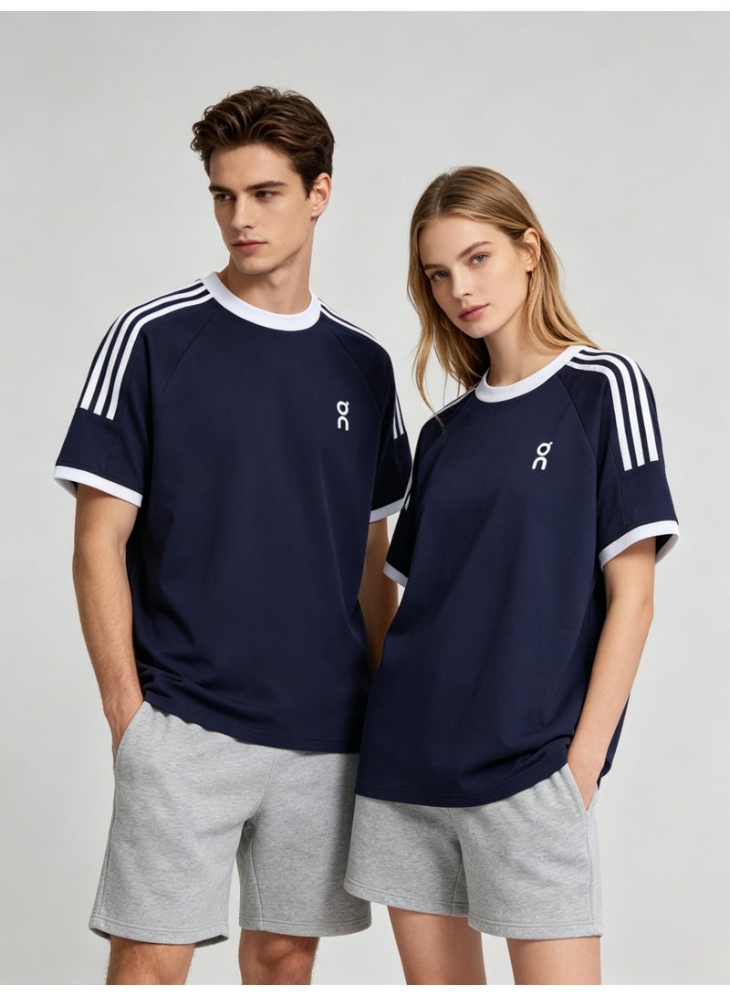 اون راننج On Unisex Navy Raglan 3 White Stripe Sleeve White Trim Logo Couple T-Shirt - Image 2
