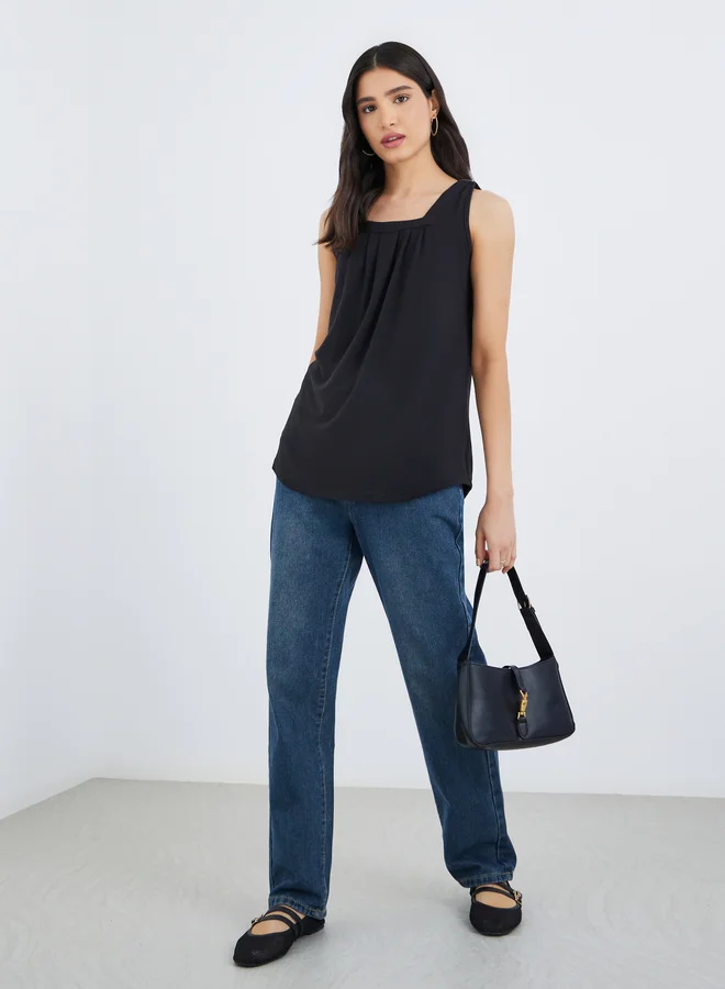 تايك تو Take Two Solid Square Neck Sleeveless Top