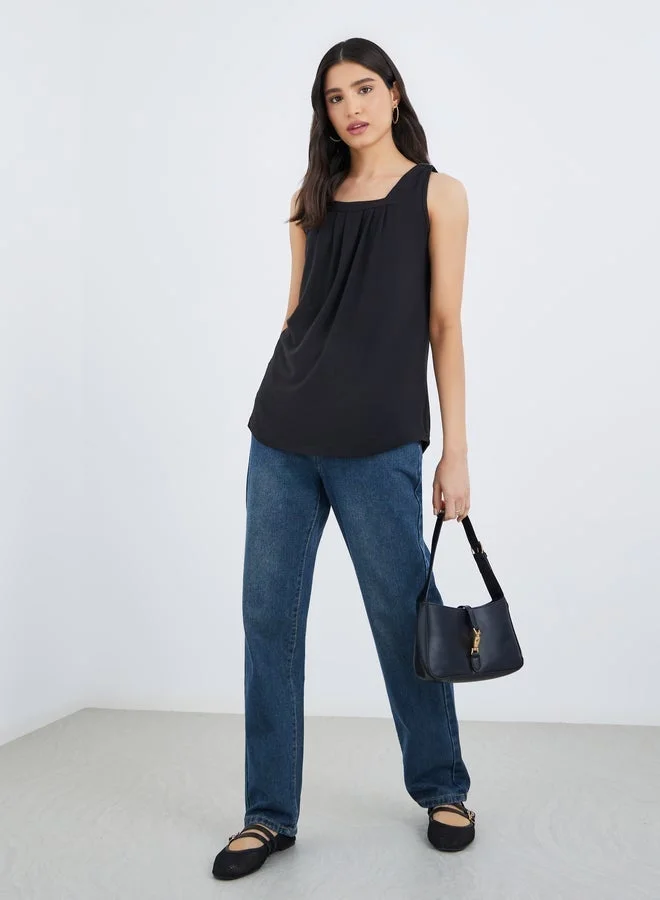 Take Two Solid Square Neck Sleeveless Top