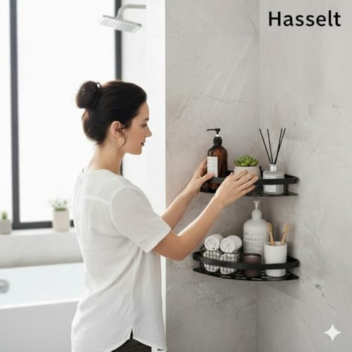 Hasselt Pack of 2, Self Adhesive Bathroom Corner Shelf for Wall Shelf Organizer Wall Mounted Aluminum Bathroom Shelves Rack Holder Stand for Bathroom Accessories Organiser Without Drill - Image 2