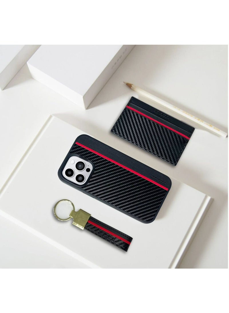 SANTA BARBARA POLO & RACQUET CLUB - Hazel 3-in-1 Business Classic Set with Card Bag, Key Ring and Genuine Back Case for Apple, Carbon Fiber Pattern Leather Set with Wallet, Keyring and Phone Case iPhone 14 Pro - Black - Image 1