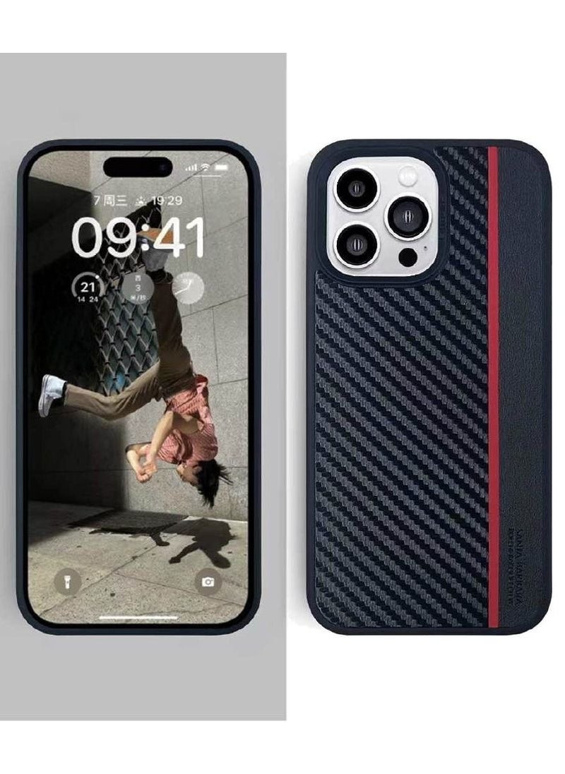 SANTA BARBARA POLO & RACQUET CLUB - Hazel 3-in-1 Business Classic Set with Card Bag, Key Ring and Genuine Back Case for Apple, Carbon Fiber Pattern Leather Set with Wallet, Keyring and Phone Case iPhone 14 Pro - Black - Image 1