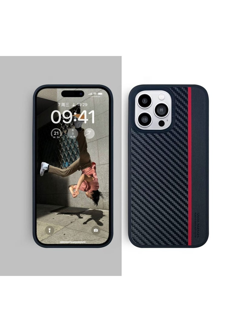 SANTA BARBARA POLO & RACQUET CLUB - Hazel 3-in-1 Business Classic Set with Card Bag, Key Ring and Genuine Back Case for Apple, Carbon Fiber Pattern Leather Set with Wallet, Keyring and Phone Case iPhone 14 Pro - Black - Image 1