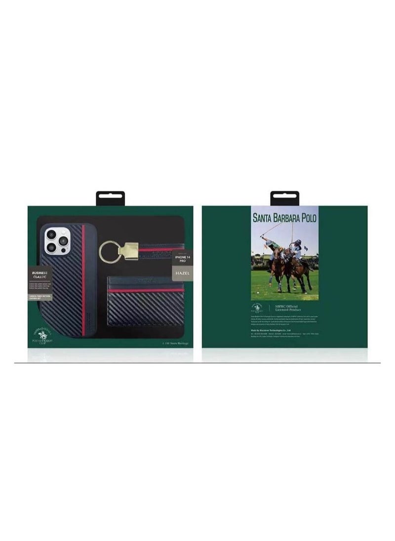 SANTA BARBARA POLO & RACQUET CLUB - Hazel 3-in-1 Business Classic Set with Card Bag, Key Ring and Genuine Back Case for Apple, Carbon Fiber Pattern Leather Set with Wallet, Keyring and Phone Case iPhone 14 Pro - Black - Image 1