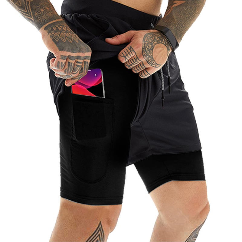 OEBLD Mens Athletic Shorts 2in1 Gym Workout Running 7 Shorts with Towel Loop
