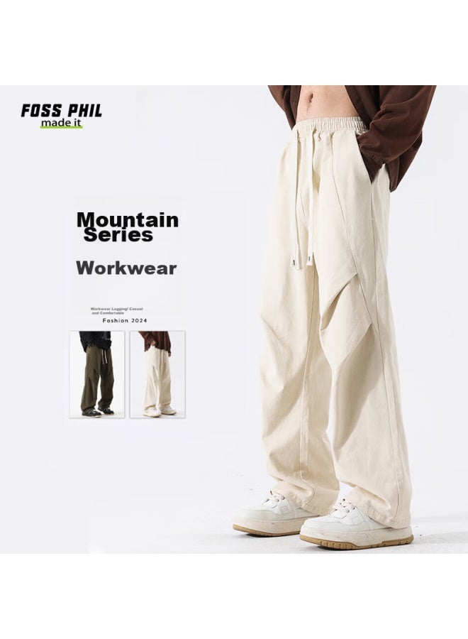 Foss Phil Spring And Summer Pure Cotton Cargo Casual Pants For Men, Loose Wide-leg Breathable Paratrooper Tactical Pants Fpk27 Off-white S - Image 1