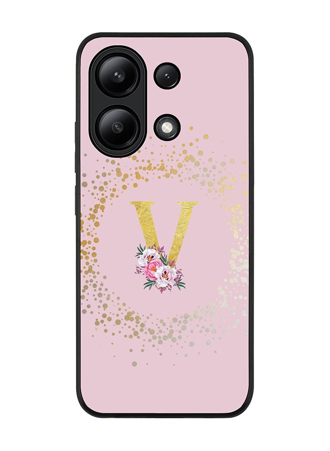 Stylizedd Rugged Black edge case for Xiaomi Redmi Note 13 4G, Slim fit Cover Custom Monogram Initial Letter Floral Pattern Alphabet - V  (Pink ) - Image 1