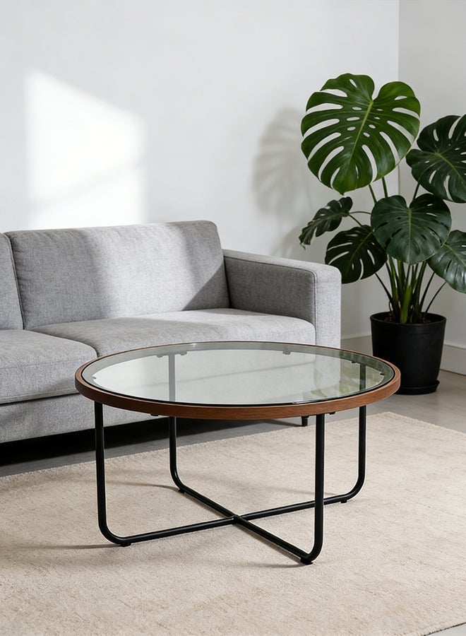 Migue home Round Coffee Table for Living Room, Side Table with Glass Top, Easy Assembly, 38cm H x 70cm W, Walnut Border Color - Image 1