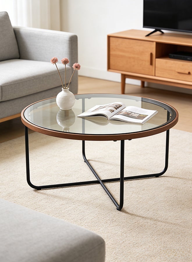 Migue home Round Coffee Table for Living Room, Side Table with Glass Top, Easy Assembly, 38cm H x 70cm W, Walnut Border Color - Image 2