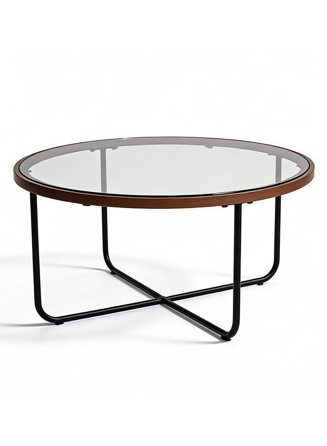 Migue home Round Coffee Table for Living Room, Side Table with Glass Top, Easy Assembly, 38cm H x 70cm W, Walnut Border Color - Image 5