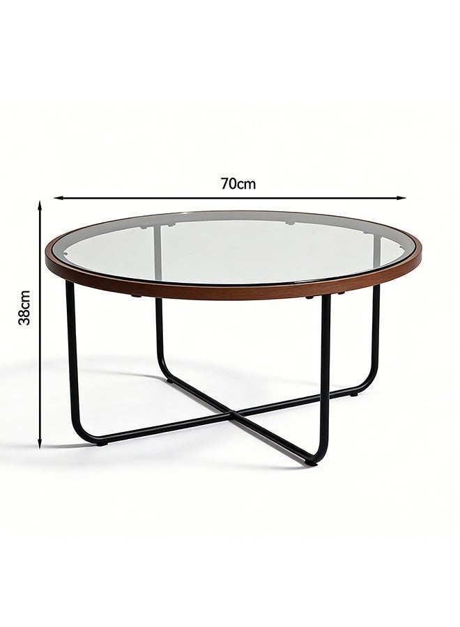 Migue home Round Coffee Table for Living Room, Side Table with Glass Top, Easy Assembly, 38cm H x 70cm W, Walnut Border Color - Image 4