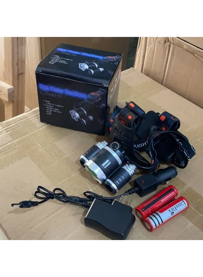 Outdoor Illumination 3-Head LED Headlamp Rechargeable Super Bright Headmounted Headlamp High Power Long Range Ultra-long-Product Specifications:Aircraft Lamp Plus Battery Plus Charger Plus Car Charger - Image 5