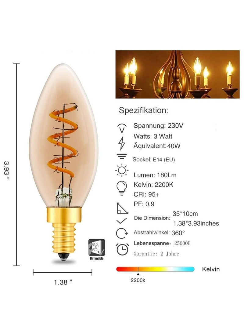 Loquat E14 Dimmable LED Light Bulb, Edison Candle Bulbs C35, 3W Vintage Chandelier Light Bulbs 40 Watt Equivalent, Amber Glass Warm White 2200K, Energy Saving Light Bulbs for Chandeliers, Wall Lamps (3PCS) - Image 2