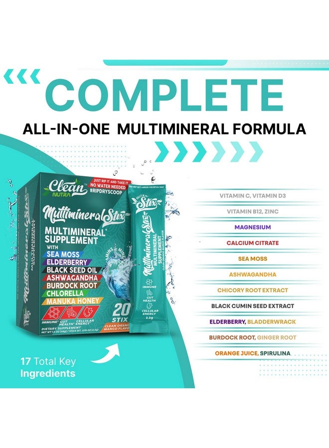 Clean Nutraceuticals مسحوق طحالب البحر مع التوت الأسود والأشواجندا والكلورلا وعسل مانوكا وفيتامين د3 وفيتامين سي والزنك والسبيرولينا واليود وخضروات الديتوكس ودعم المناعة وخالي من السكر ومسحوق مشروب الترطيب - 20 عود - Image 2