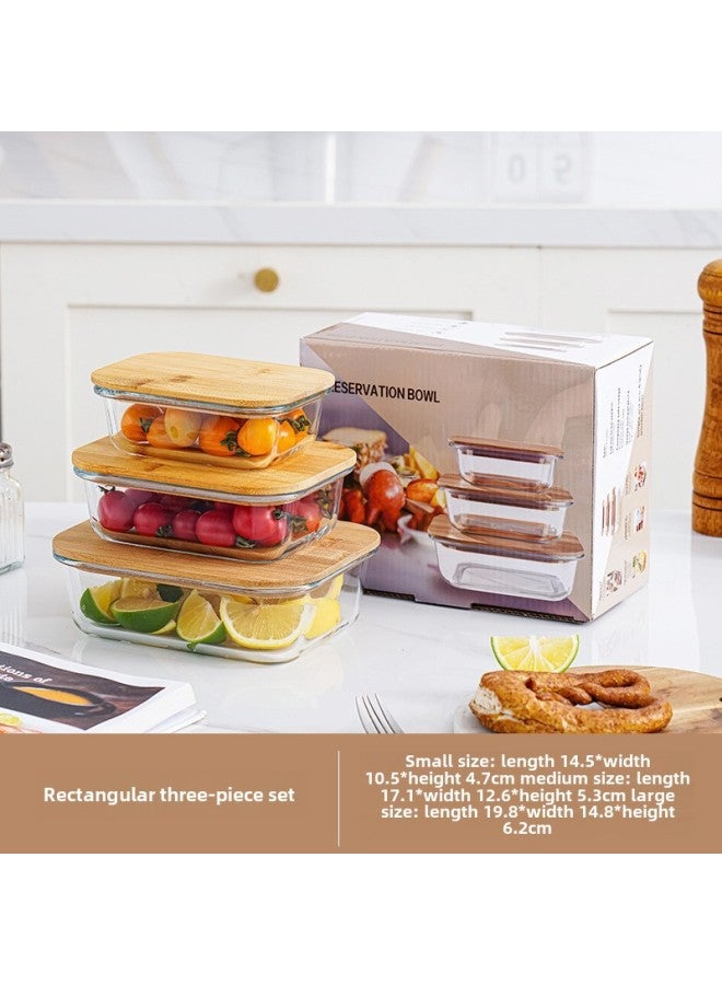 Bamboo And Wood Lid Preservation Box Set Gift Glass Lunch Box Special Preservation Bowl For Microwave Oven Food Grade Meal Lunch Box-Specifications:Three-piece Set Of Bamboo And Wood Cover Long Color Box  - Image 1