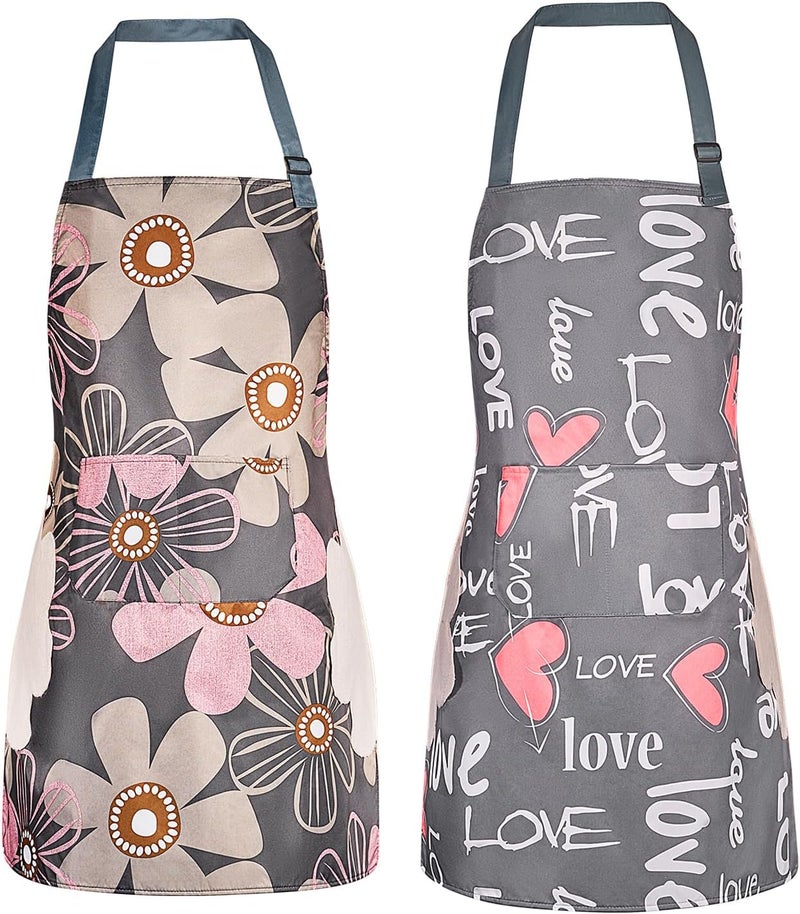 DILLMAN 2 Pack Floral Aprons with Pocket Blooming Womens Waterproof Adjustable Cooking Aprons Kitchen Gardening Salon - Image 1