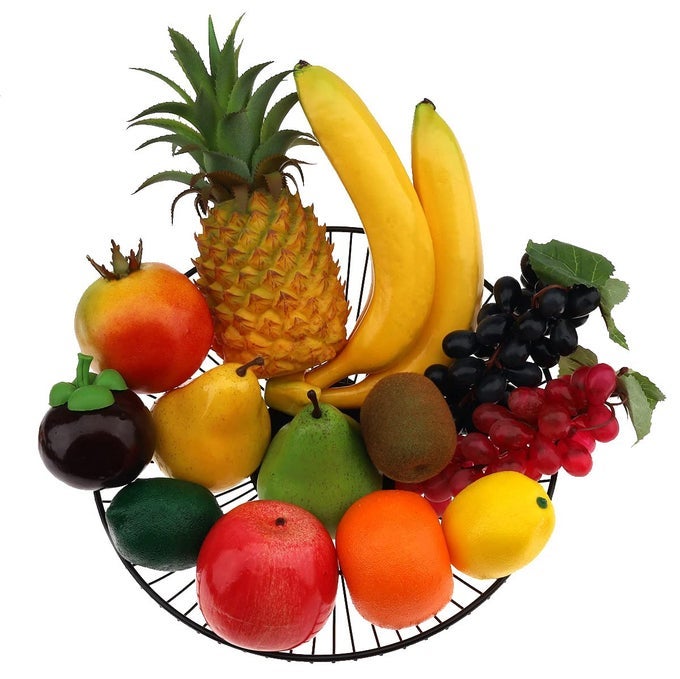 13 PCS PLASTIC FRUIT FOR DECOR ARTIFICIAL FAKE FRUIT SET WITH LIFELIKE PINEAPPLEBANANAGRAPESPEAR LEMONORANGE APPLEPOMEGRANATE HOME KITCHEN PARTY TABLE CENTERPIECE DECORATION