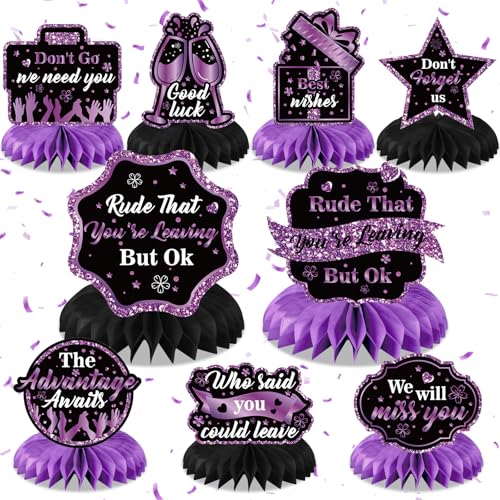 Wayyogh 9Pcs Farewell Party Decorations Black Purple Rude That Youre Leaving But Ok Honeycomb Centerpiece We Will Miss You Table Topper Decor for Coworker Leaving Goodbye Going Away Retirement Party Supplies - Image 1