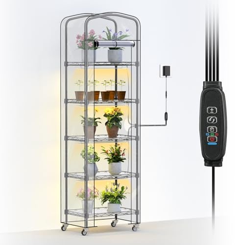 Abimars 5-Tier Mini Greenhouse with Grow Light, Shelf Height Adjustable Metal Plant Shelf with PVC Cover and Wheels, Includes 4-Pack Full Spectrum Plant Lights, 11x16x57inch - Image 1