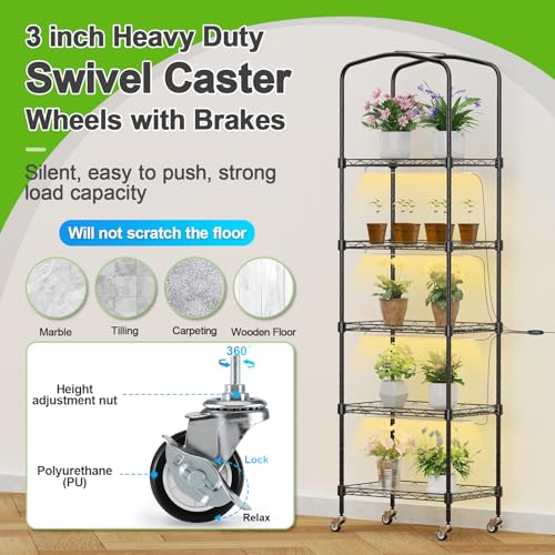 Abimars 5-Tier Mini Greenhouse with Grow Light, Shelf Height Adjustable Metal Plant Shelf with PVC Cover and Wheels, Includes 4-Pack Full Spectrum Plant Lights, 11x16x57inch - Image 5