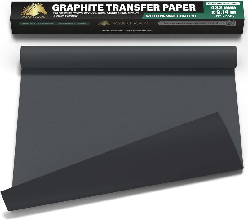 MyArtscape Graphite Transfer Paper Roll 17" x 30ft â€“ Black Carbon Wax Paper for Precise Drawing & Tracing - Image 1