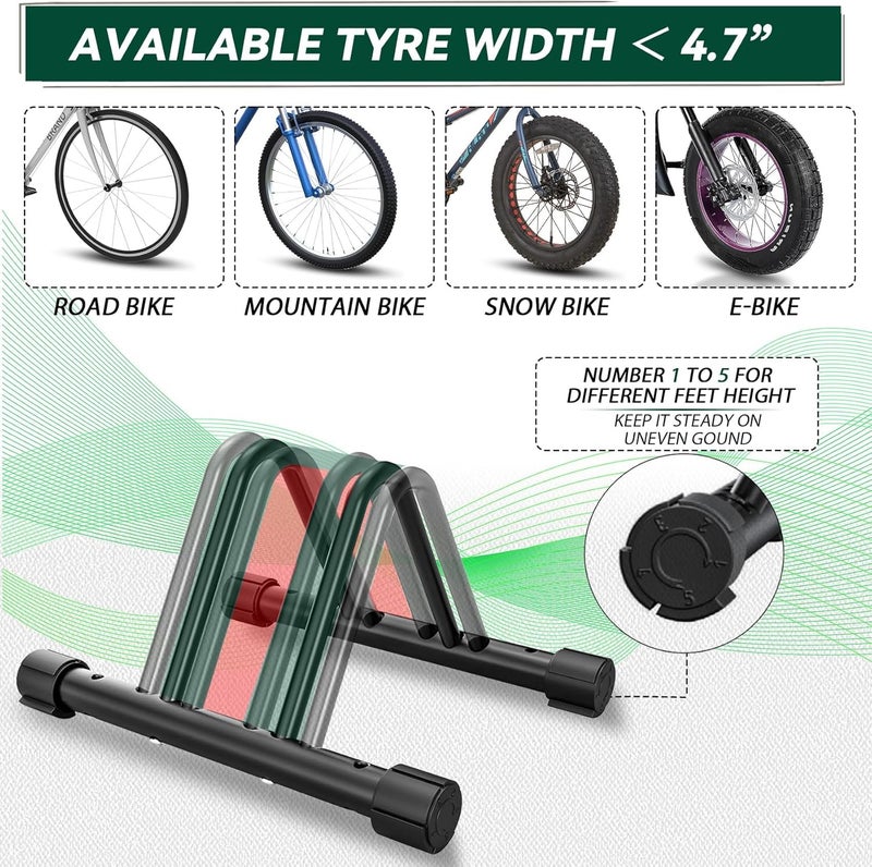 TERRIFI حامل أرضي للدراجات، رف دراجات، مثبت دراجة مناسب لعرض إطار 1.2 بوصة إلى 4.7 بوصة للدراجات الهوائية للأطفال/الجبال/الطرق، حامل دراجة أرضي للتخزين الداخلي والخارجي والجراج - Image 3