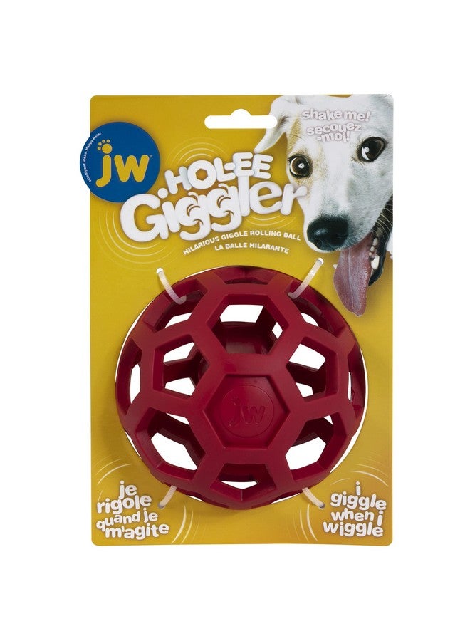 JW Pet HolEe Giggler Dog Toy Puzzle Ball, Natural Rubber, Medium (4.5 Inch Diameter), Red - Image 1