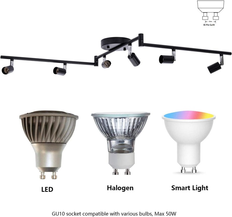 IBOO 6-Light Adjustable Dimmable Track Lighting Kit, Flexible Foldable Arms, Matt Black Color Perfect for Kitchen,Hallyway Bed Room Lighting Fixture, GU10 Base Bulbs not Included - Image 2
