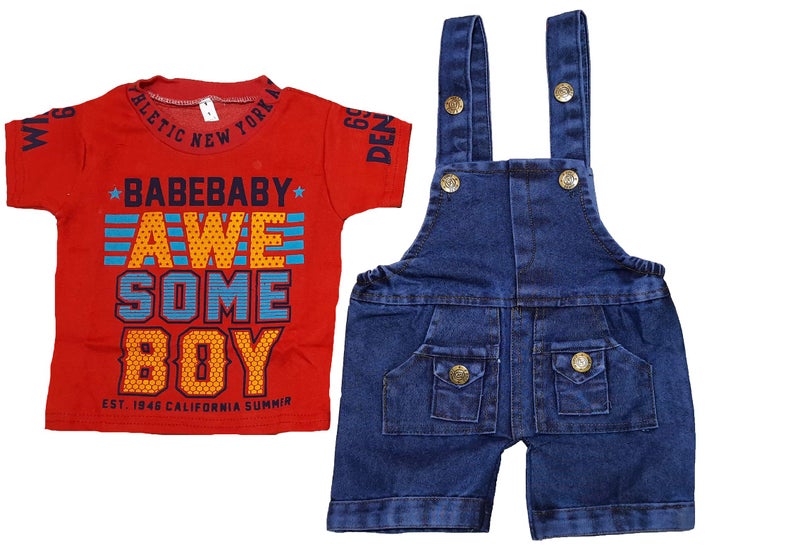 little PANDA Baby Boys & Baby Girls denim Dungaree & T-Shirt Clothing Set (Red, 6-12 Months) - Image 3