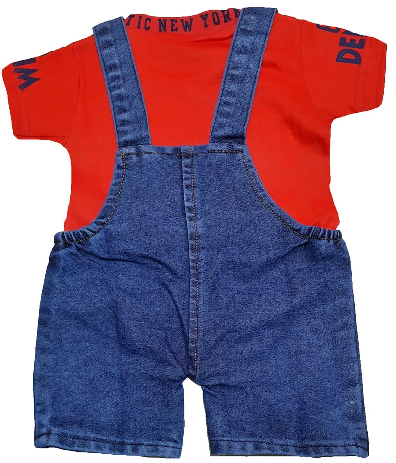 little PANDA Baby Boys & Baby Girls denim Dungaree & T-Shirt Clothing Set (Red, 6-12 Months) - Image 2