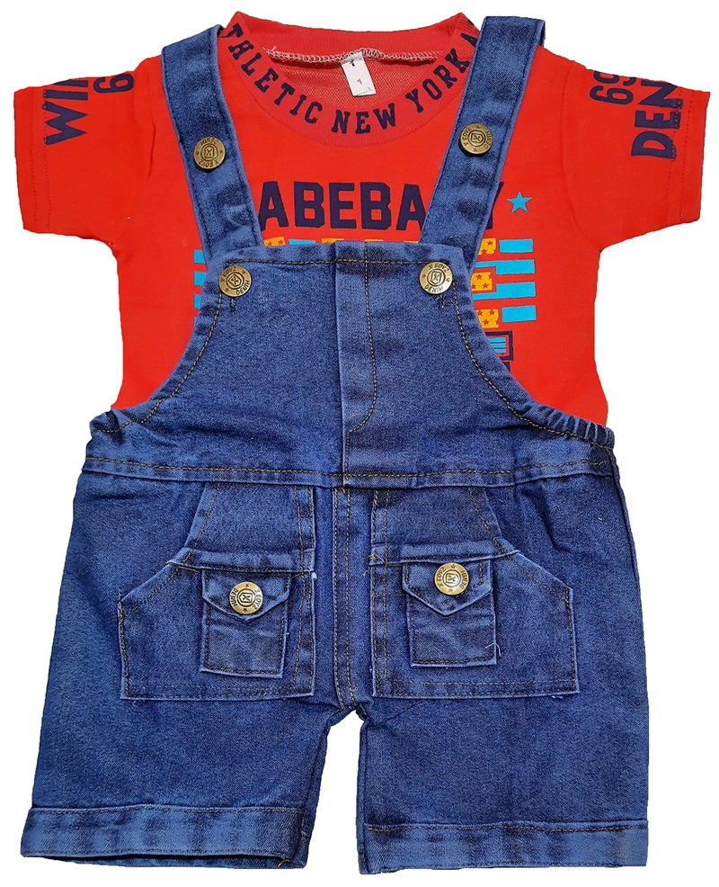 little PANDA Baby Boys & Baby Girls denim Dungaree & T-Shirt Clothing Set (Red, 6-12 Months) - Image 1