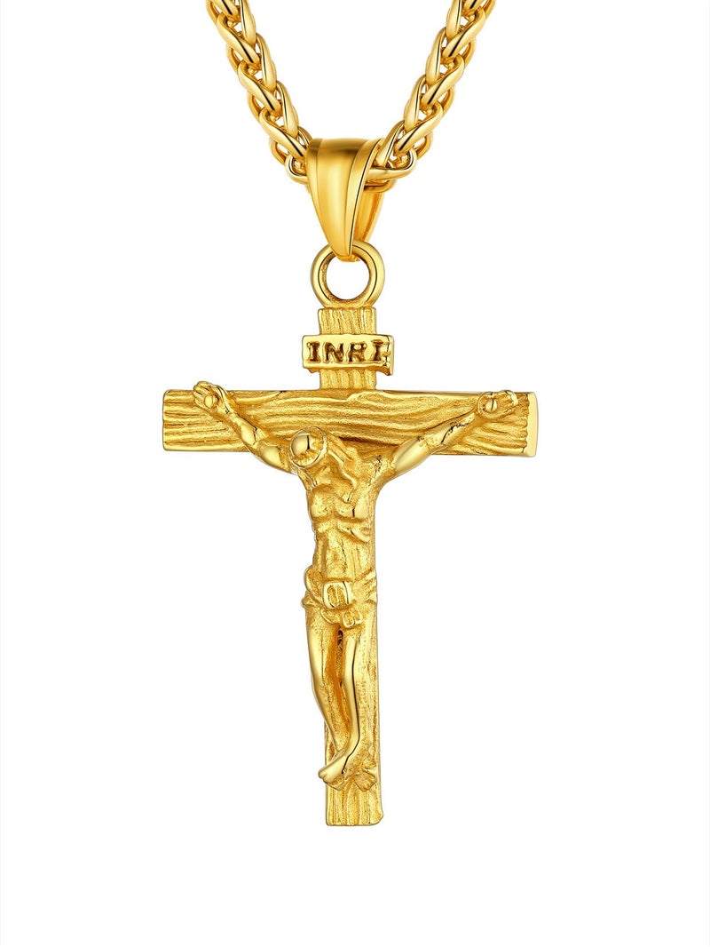 U7 Men 18K Gold Plated Crucifix Cross Pendant 3mm Wide Rope Chain 24 Inch Religious Necklace - Image 1