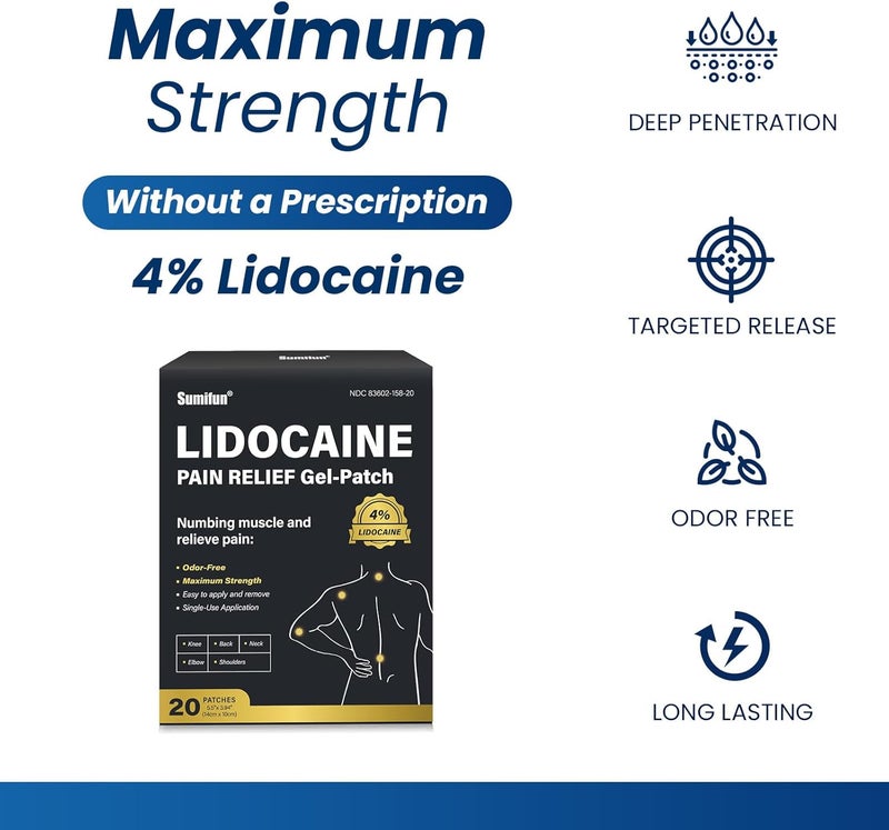 Sumifun Lidocaine Patches Maximum Strength 4 Lidocaine Pain Relief Patches for Back Neck Knee and Shoulders  Large Size and Long Lasting  Soothes Nerves Joints and Injuries large Count 20 - Image 2
