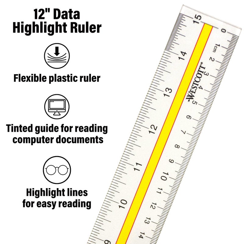 Westcott Acrylic Data Highlight Reading Ruler With Tinted Guide, 15" Clear - Image 2